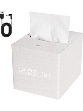 Home White Digital Cordless Alarm Temperature Display Wooden Tissue Box Clock
